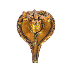 Brass Shivling statue with three cobra hoods on lotus base, back/side view