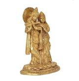 Radha Krishna brass idol, side view of Krishna behind Radha with gold-tone detailing