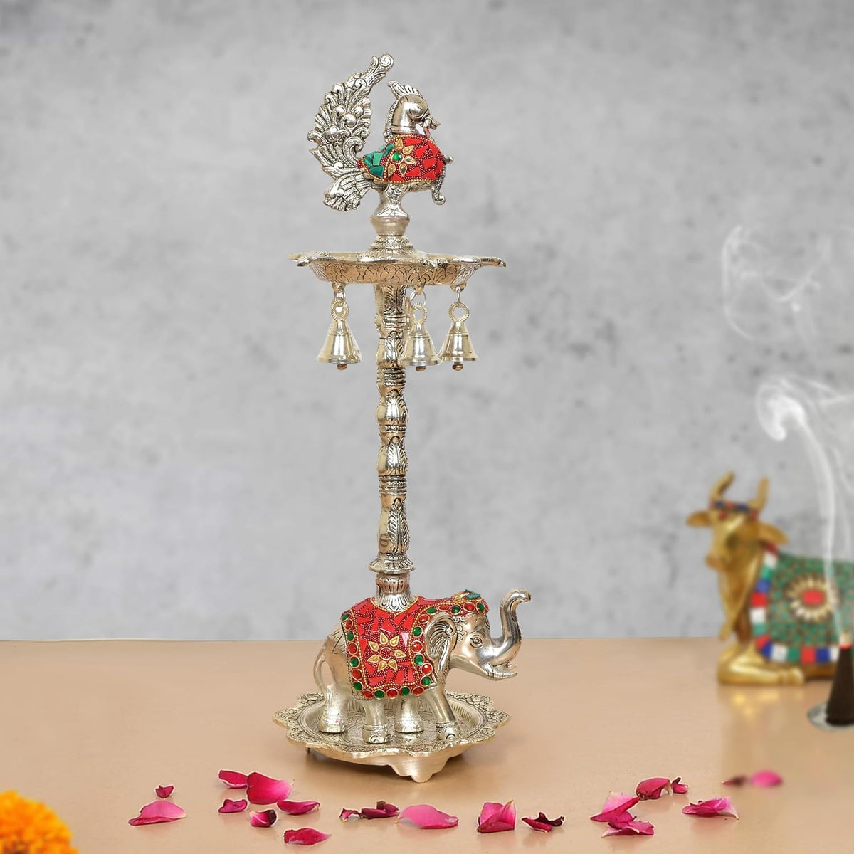 Metal Silver Peacock Oil Lamp Diya Stand (Height: 19 Inch)