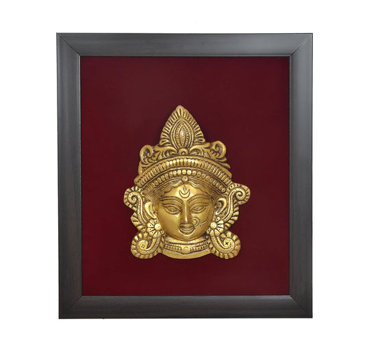 Brass Maa Durga Face Mask Idol with Frame Wall Hanging (Height: 12.5 Inch)