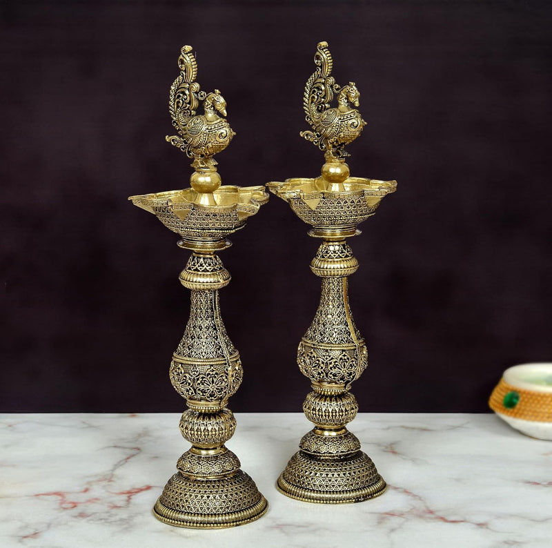 Bronze Peacock On Oil Lamp - Pack of 2 | (Height 8 Inch)