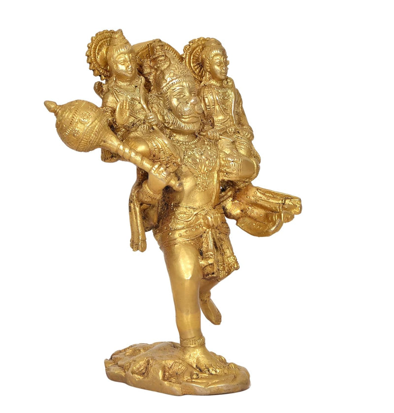 Brass Hanuman Carries Ram ji and Lakshman on His Shoulders Handcrafted Spiritual Decor for Home and Office Decor (Height 8 Inch)