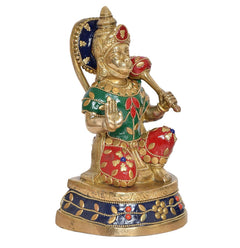 Brass Hanuman Ji seated statue from side, blue belt border, red decorative pouch on waist