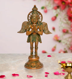 Brass Garuda standing idol statue with green-gold detailing and round base