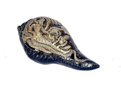 Brass shankh with gold relief scenes of Lord Vishnu and Goddess Laxmi on dark blue body