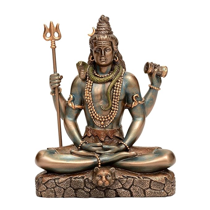 Resin Lord Shiva figurine seated in dhyana mudra, trident in left hand, gold ornaments