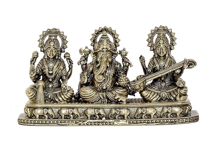 Brass Ganesha laxmi Saraswati Idol Temple Murti Diwali Pooja Gift Decoration Showpiece (Height 3 Inch)