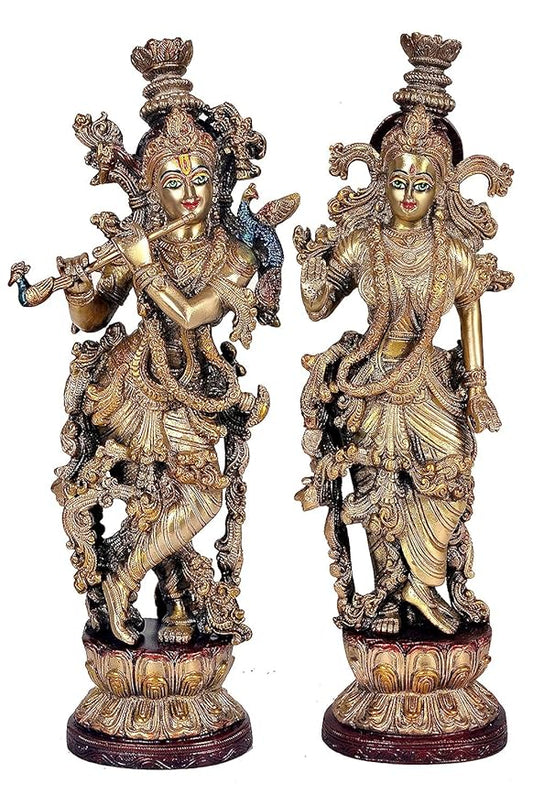 Brass Radha Krishna with Eye Work Statue Idol for Home Decor | Pair | Heigh : 14 Inches | Multicolor