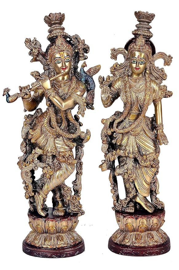 Brass Radha Krishna with Eye Work Statue Idol for Home Decor | Pair | Heigh : 14 Inches | Multicolor