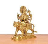Brass Durga Maa on lion, golden finish, three-quarter view