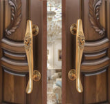 Brass door pull handles pair with lion face design, gold finish long bar