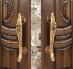 Brass door pull handles pair with lion face design, gold finish long bar