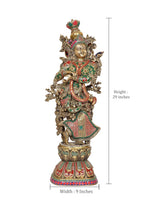Brass Radha idol statue, 29 inch height, gold crown with green-red decorative attire