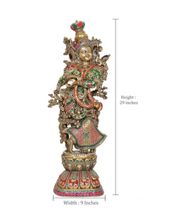 Brass Radha idol statue, 29 inch height, gold crown with green-red decorative attire