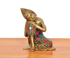 Sitting Buddha figurine in brass with multicolor mosaic robe and facial details