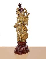Brass Radha Rani murti, detailed torso and layered skirt, dark red foot pedestal