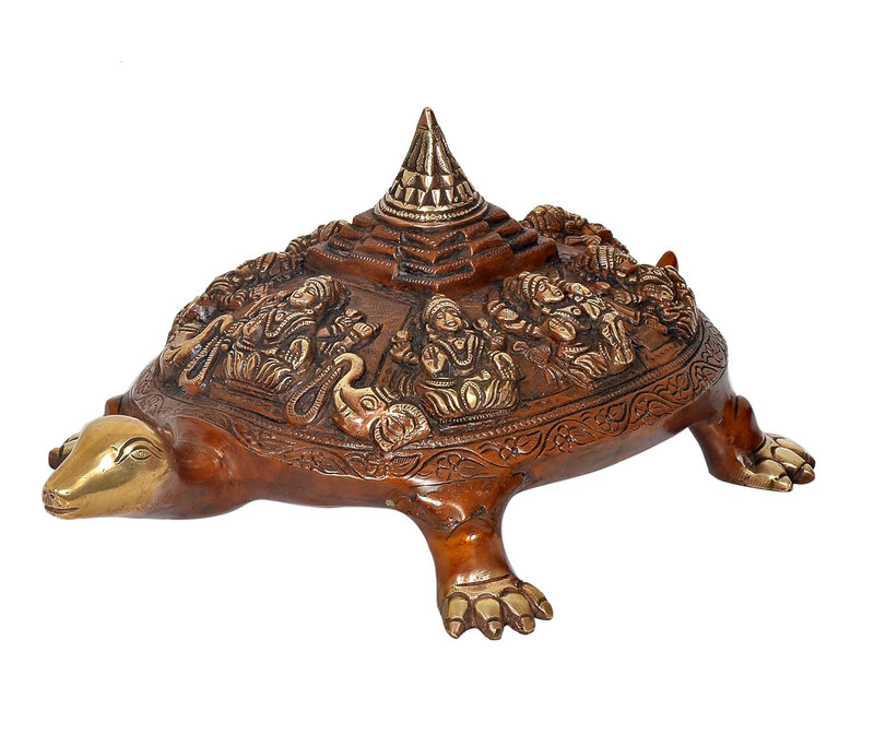 Brass Ashtalakshmi Shree Yantra on Tortoise Figurine Kachua Unique Home Decor Vastu Accent (Height: 6.5 inch)