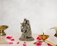 Standing Radha Krishna brass idol with ornate detailing, 5 inch height