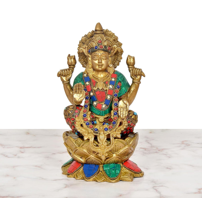 Brass Goddess Lakshmi Idol Sitting On Lotus (Height 9 Inch)