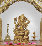 Brass Saraswati idol, seated goddess with veena, handcrafted Hindu home pooja décor