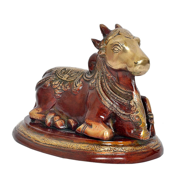 Brass Shiva Seated Nandi Statue Nandi Bull for Shiv Temple Showpiece and Home Decor Pooja Temple (Height: 6.5 Inch) Study Setting