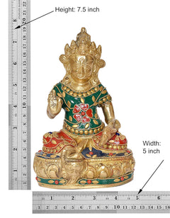 Kuvera brass statue size view: 7.5 inch height, green robe with red floral accents
