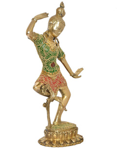 Brass dancing idol of Shiva Parvati, green dress with red details, one hand up