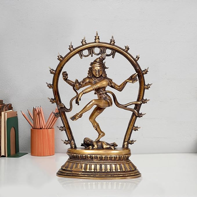 Brass Natraj Lord Shiva dancing idol with circular halo, 12 inch height