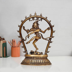 Brass Natraj Lord Shiva dancing idol with circular halo, 12 inch height