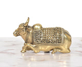 Superfine Brass Nandi idol, detailed embossed saddle and patterned panel, side angle