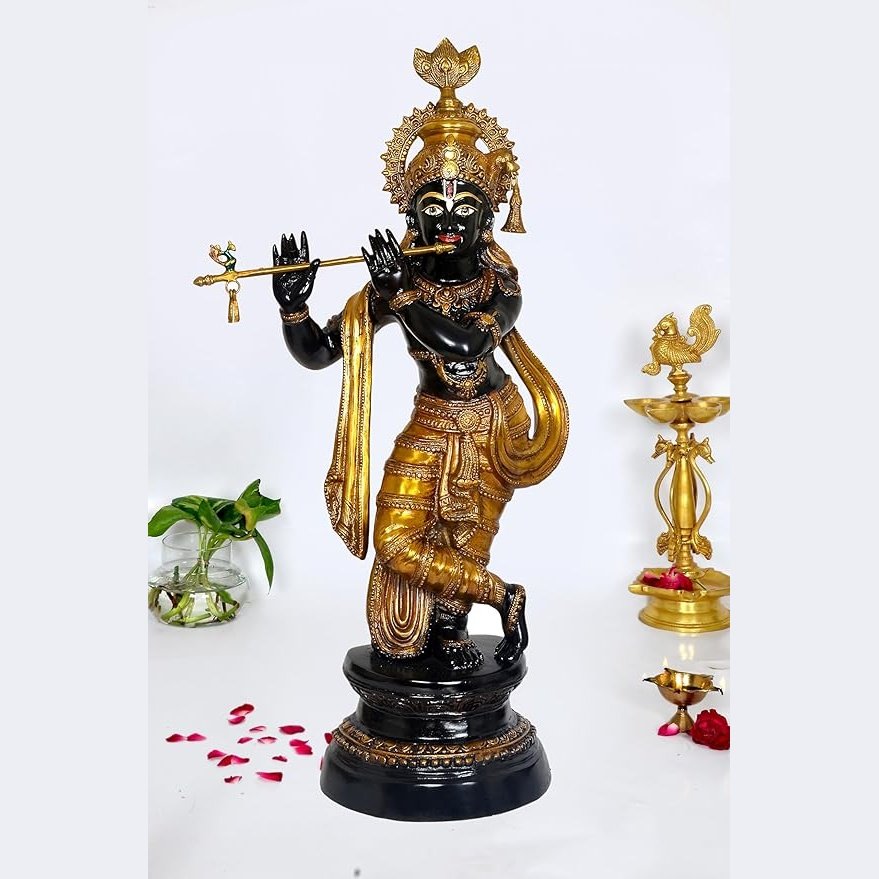 Brass Lord Krishna Statue with eye work (Height 37 Inches)