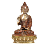 Brass Buddha idol front view, serene face, seated posture on decorative base