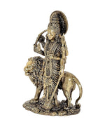 Durga Maa brass figurine standing on lion, side profile, detailed engravings and halo