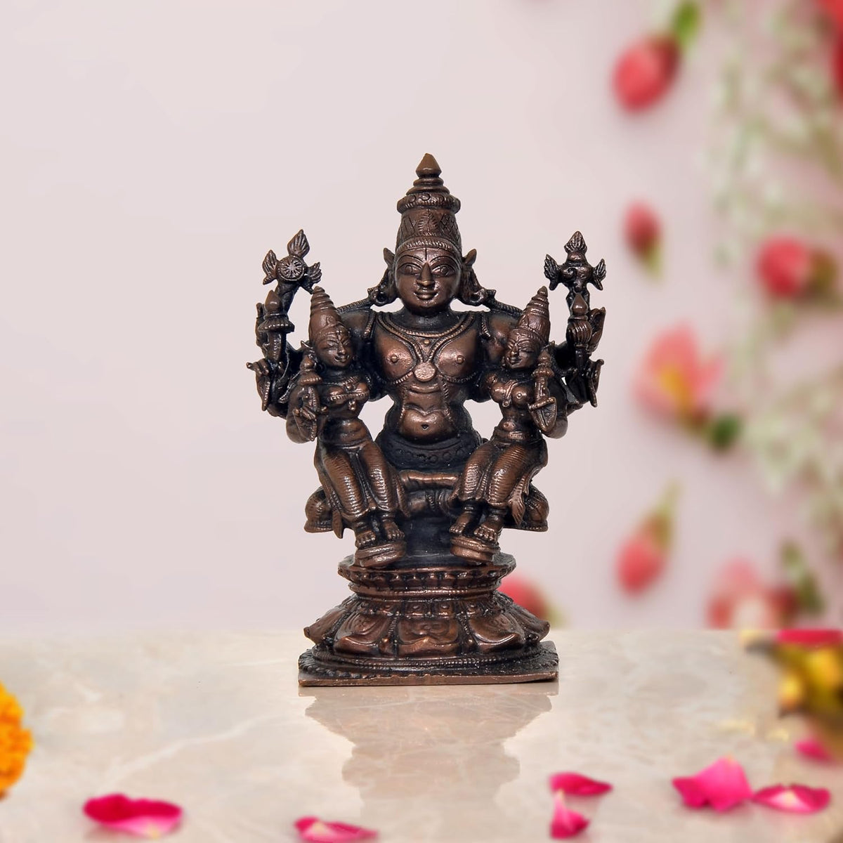 Copper Lord Vishnu with Bhudevi & Sridevi idol, four-armed seated figure, 5-inch