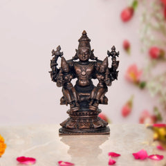 Copper Lord Vishnu with Bhudevi & Sridevi idol, four-armed seated figure, 5-inch