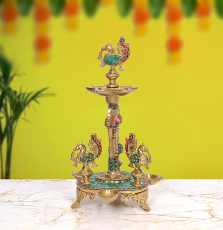 Brass Peacock Oil Lamp Diya Stand (Height 12 Inch)