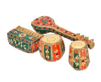 Sitar-style brass instrument with harmonium box and two colorful decorated drums