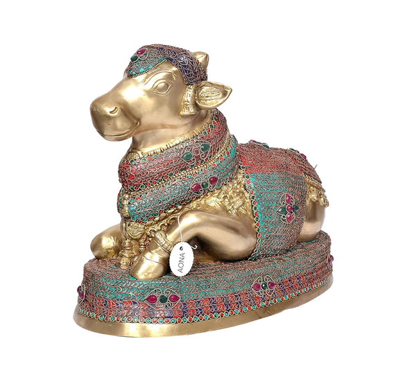 Brass Shiva Seated Nandi Statue Nandi Bull for Shiv Temple Showpiece and Home Decor Pooja Mandir (Height:13.5 Inches) Study Setting