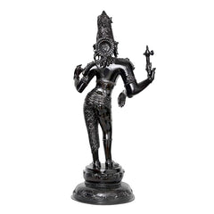 Ardhanarishvara statue side view, headdress and jewelry details, dark metal, 27 inch