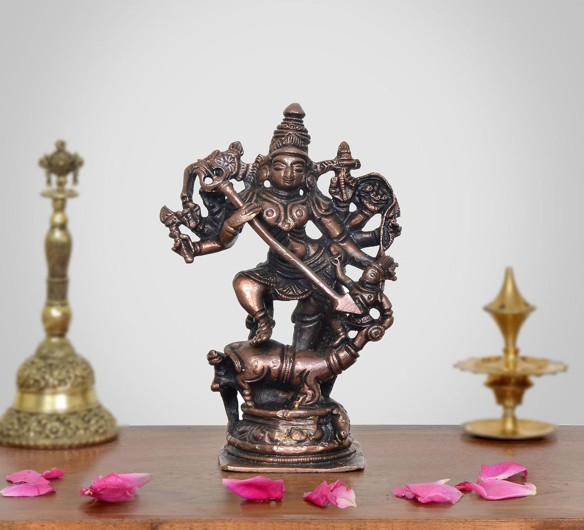 Copper goddess Mahishasura Mardini statue, 5-inch height, seated warrior with weapons