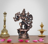 Copper goddess Mahishasura Mardini statue, 5-inch height, seated warrior with weapons
