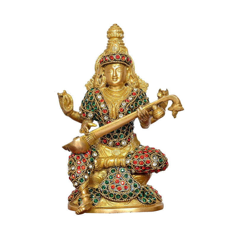 Brass Maa Saraswati Statue Handcrafted Hindu Goddess Saraswati Idol for Home Decor and Pooja (Height 8 Inch)
