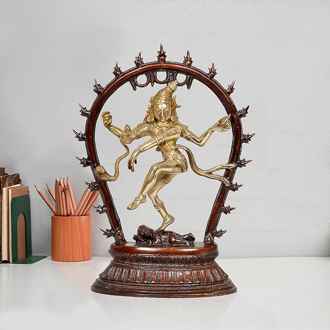 Brass Dancing Natraj Lord Shiva idol statue on dark arch base