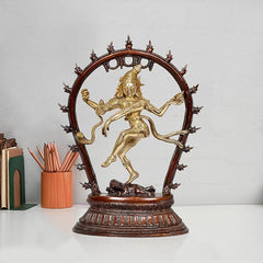 Brass Dancing Natraj Lord Shiva idol statue on dark arch base