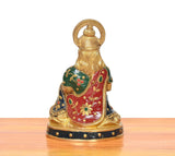 Brass Hanuman Ji murti from back, multicolor floral accents on back robe and pedestal