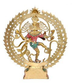 Brass Shiva Natraj idol rear view with sculpted arch and multicolor accents