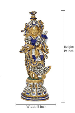 Brass Radha Rani idol, 19 in high and 8 in wide, blue-white detailing