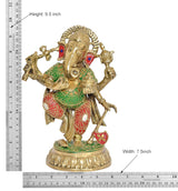 AONA brass dancing Ganesha murti, 9.5 in tall, red skirt with green details