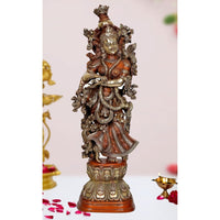 Radha Rani brass idol statue with detailed crown, jewelry, and flowing carved robe