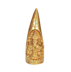 Brass Ganesh conch idol showpiece, gold engraved cone with Ganesh figure, 4.5 in